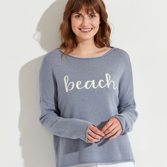 Mia & Tess Beach Embroidered Sweater in Blue Size Medium Relaxed Oversized - Picture 1 of 9